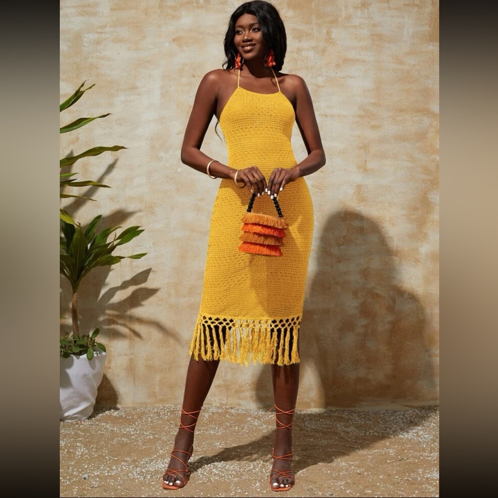 Sunshine Yellow Crochet Fringe Midi Dress - Picture 5 of 5